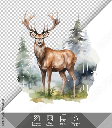 Watercolor deer on the background of the forest. Vector illustration.
