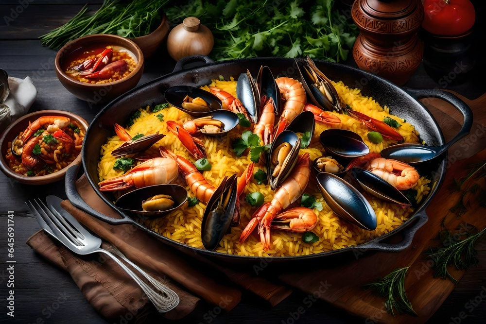 A plate of Spanish paella with saffron-infused rice and a medley of seafood.