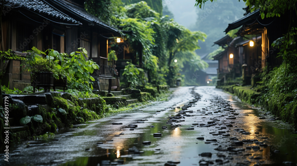 Wet Mud Path of Chinese Ancient Village Foggy Mountains and Old Traditional Houses