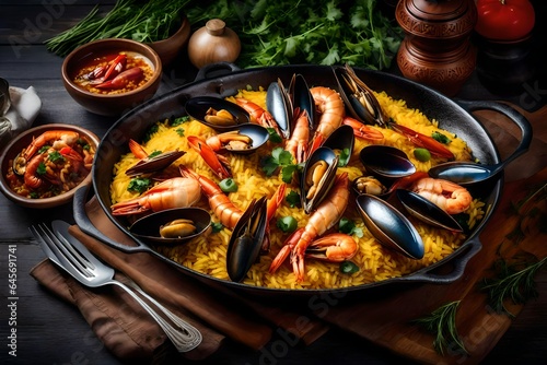 A plate of Spanish paella with saffron-infused rice and a medley of seafood.