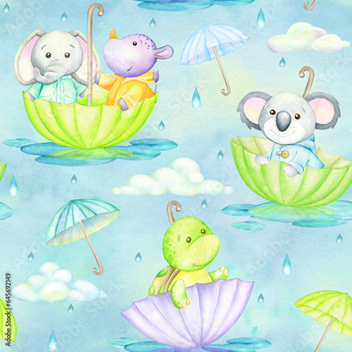 turtle  elephant  rhinoceros  koala   clouds  umbrellas. Watercolor seamless pattern  in cartoon style  on an isolated background.