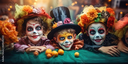Happy halloween. Girl child in costumes and makeup holiday happy halloween © megavectors