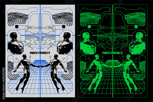 Retro futuristic grunge poster with flying man. In techno style, print for streetwear, t-shirts, hoodies and sweatshirts. isolated on white and black background