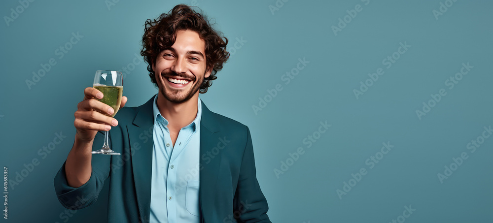 Young happy man smiling, holding up a glass with white vine, taking toast, modern indie outfit, isolated on flat blue background with copy space. Young happy man smiling, holding up a glass with white vine, taking toast, modern indie outfit, isolated on flat blue background with copy space.
