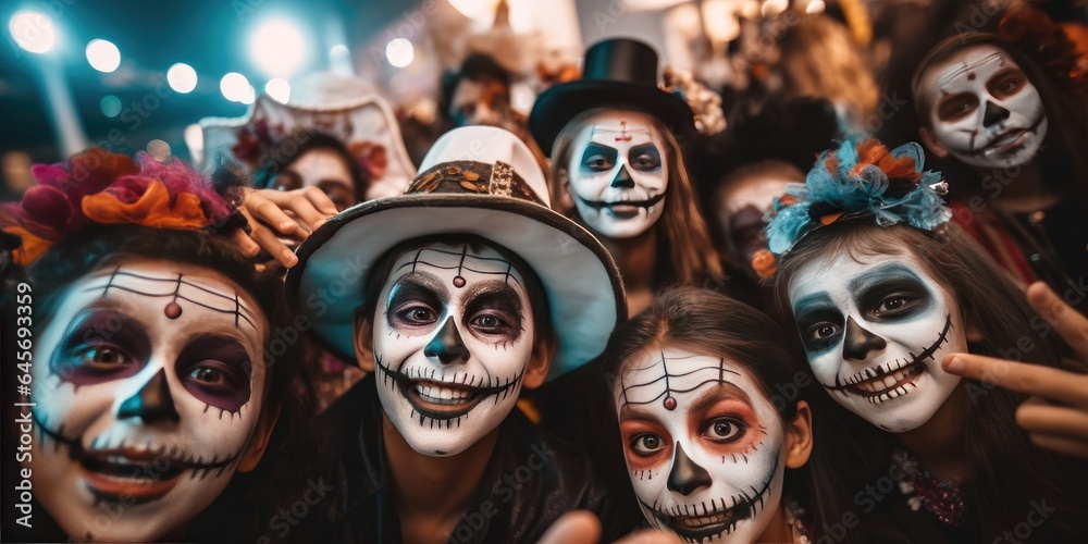 Fototapeta premium Happy halloween. children in costumes and makeup holiday happy halloween