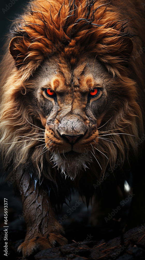 Fototapeta premium A Big Fierce Male Lion Face Walking in Forest and Looking At Camera Selective Focus