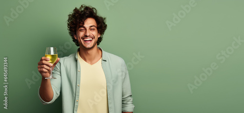 Young happy man smiling, holding up a glass with white vine, taking toast, modern indie outfit, isolated on flat green background with copy space. 
