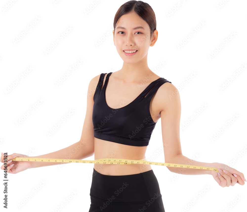 Portrait beautiful young asian woman measure tape with waist for weightloss with satisfied, female in sportswear slimming shape with workout, sport and health care concept. Portrait beautiful young asian woman measure tape with waist for weightloss with satisfied, female in sportswear slimming shape with workout, sport and health care concept.