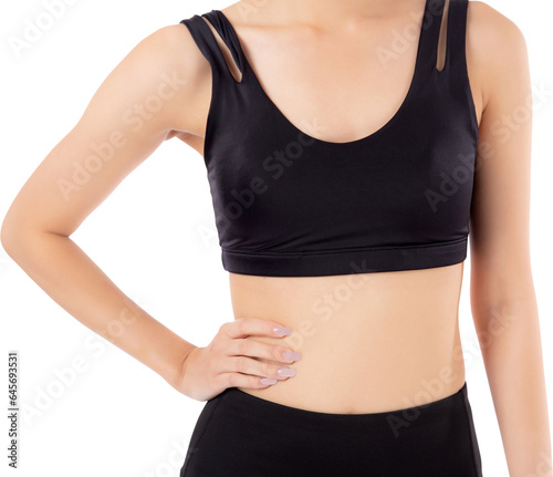 Closeup waist and abdomen of asian woman beautiful with slim, closeup belly with workout and exercise for slim and weightloss with diet, health and wellbeing concept.