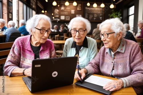 Multiracial seniors looking at female friend using laptop while sitting in cafe. Curiosity, wireless technology, coffee, togetherness, support, assisted living, retirement concept. Generative AI