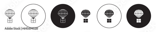 parachute icon set. skydiving paratrooper vector symbol. emergency airdrop package delivery sign in black filled and outlined style.