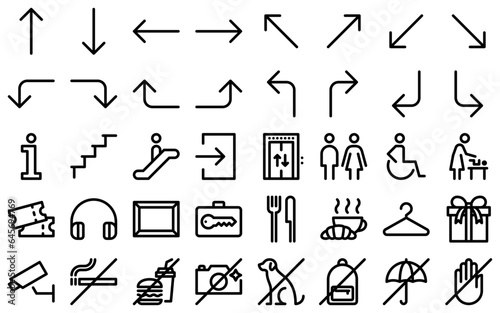 Museum wayfinding line icon set. Ticket office, audio guide, art gallery, gift shop outline symbols. Prohibition pictograms in linear style. Editable stroke. Vector graphics