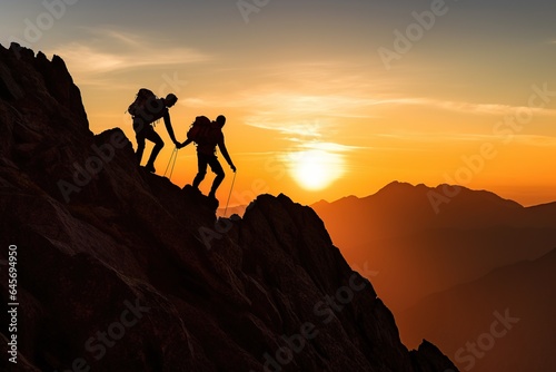 Hiker helping friend reach the mountain top  Teamwork concept  Generative Ai illustration