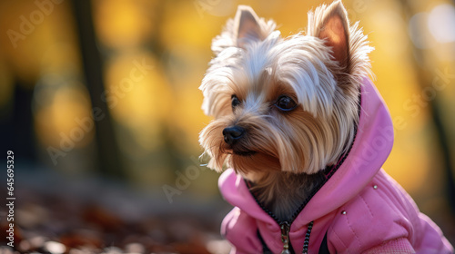 A yorkshire terrier in a pink sweatshirt and sunglasses. ©   Vladimir M.