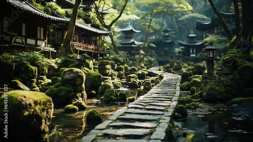 Old Japanese Style House Beside The Wet Stone Path and Green Trees