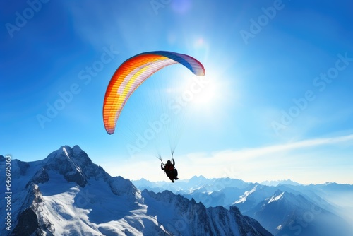 paraglider in blue mountain landscape in cold winter