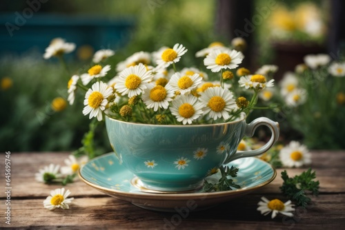 Spring - Chamomile Flowers In Teacup On Wooden Table In Garden