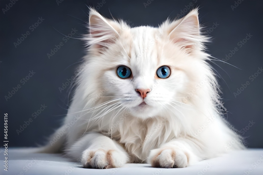 A young albino kitten, wrapped in flawless white fur, gazes outward with an incredibly charming demeanor. A young albino kitten, wrapped in flawless white fur, gazes outward with an incredibly charming demeanor.