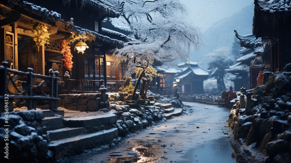 Snow On Chinese Ancient Village Streets Haze Atmosphere Road Covered With Snow Snow On Chinese Ancient Village Streets Haze Atmosphere Road Covered With Snow