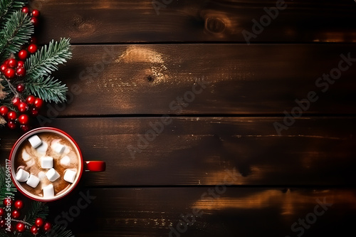 Warm cup of hot Chocolate with marshmallows, sat on a rustic table or background with Christmas decorations. Copy space for use as a card, banner or poster.
