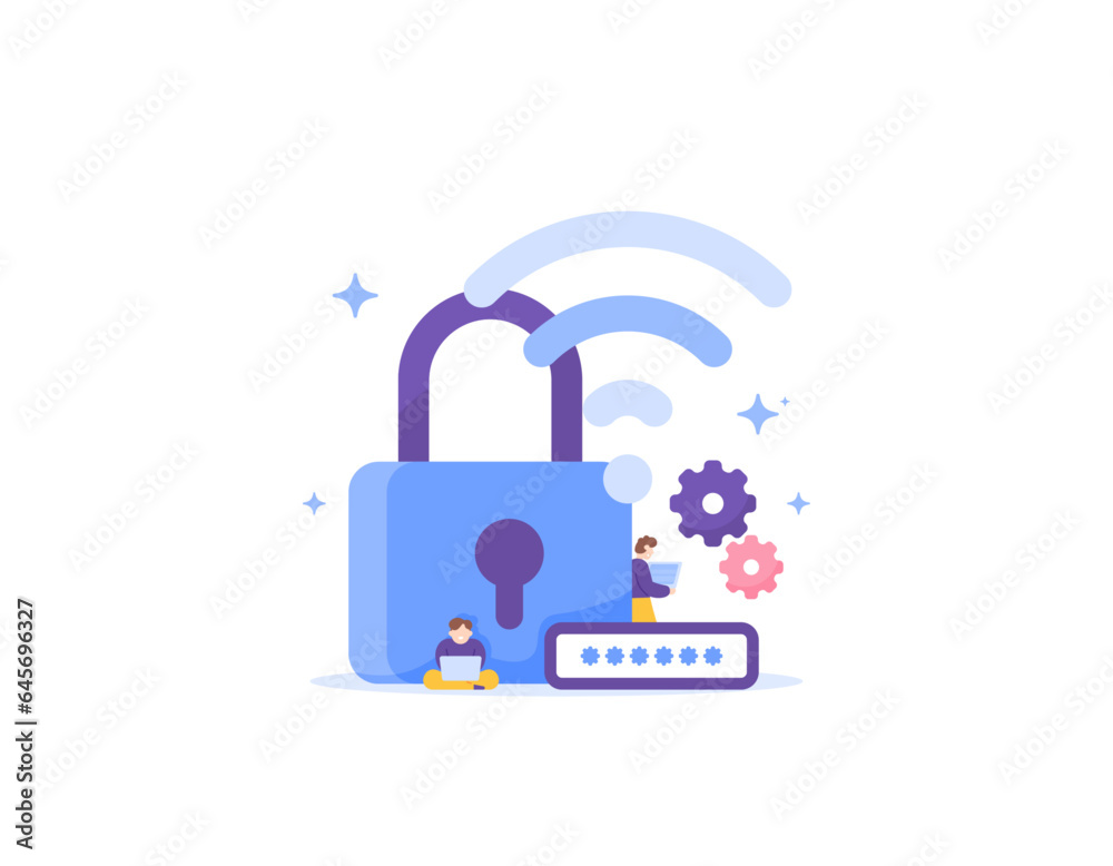 Security or safety of internet connection on wireless network, network protection for internet access. Wifi Encryption. Wi-Fi password setup. an IT team configuring a wifi network. vector illustration Security or safety of internet connection on wireless network, network protection for internet access. Wifi Encryption. Wi-Fi password setup. an IT team configuring a wifi network. vector illustration