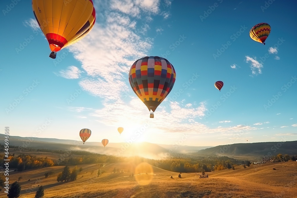 Naklejka premium Colorful hot air balloons flying on sky, hot air balloons, Generative Ai illustration