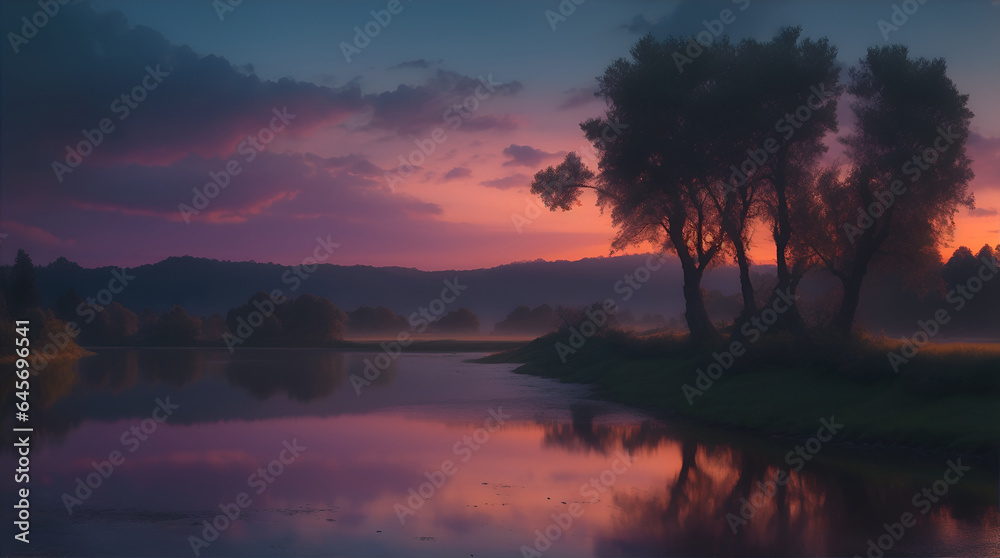 Fototapeta premium sunrise over the lake Landscapes with Evening Light