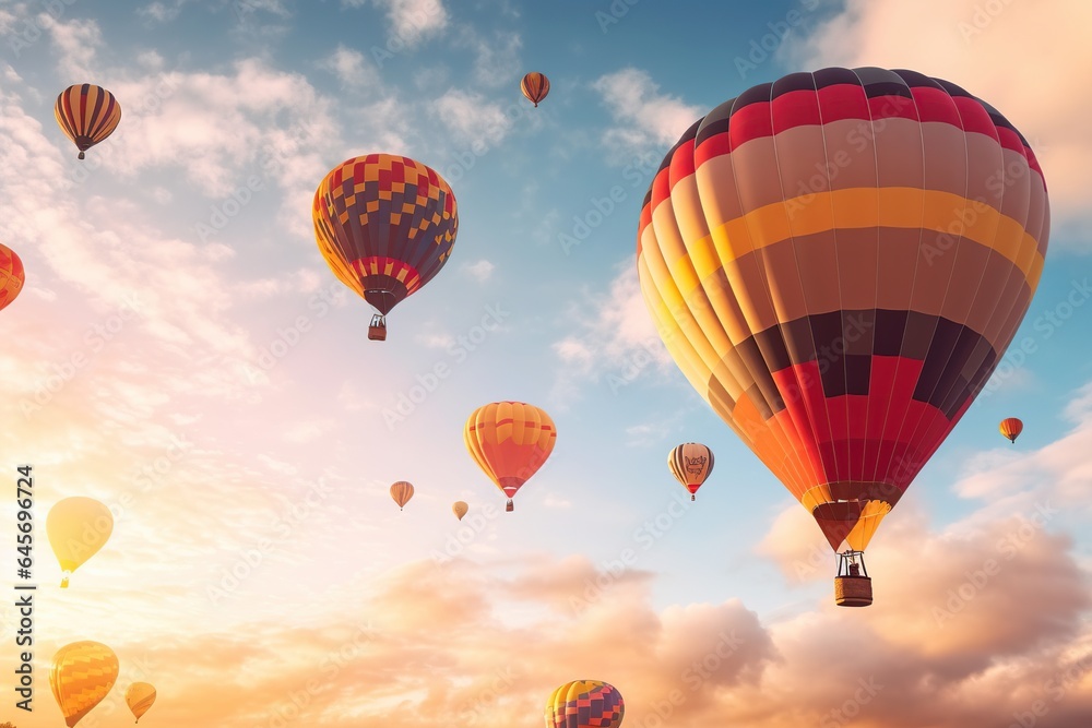 Fototapeta premium Colorful hot air balloons flying on sky, hot air balloons, Generative Ai illustration