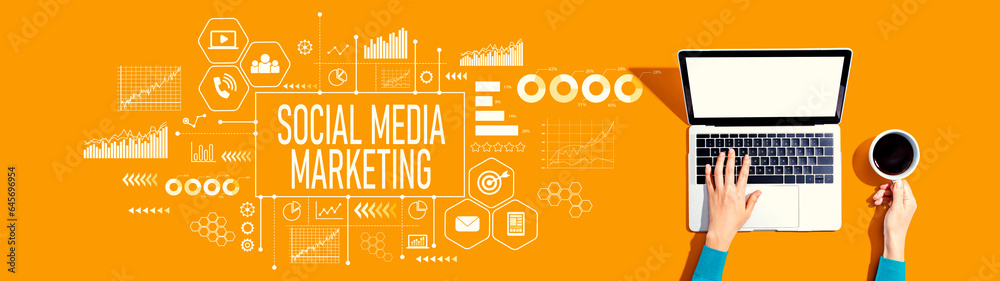 Social media marketing theme with person using a laptop computer Social media marketing theme with person using a laptop computer