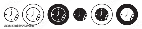 Time to take medicine dose reminder vector icon set in black color.