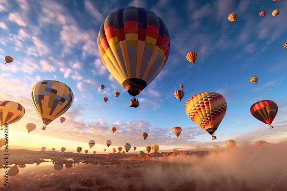 Naklejka premium Colorful hot air balloons flying on sky, hot air balloons, Generative Ai illustration