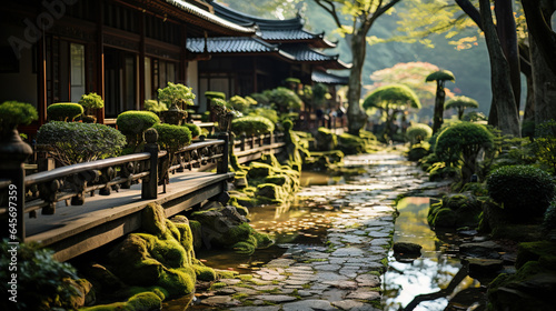 Old Japanese Style House Beside The Wet Stone Path and Green Trees