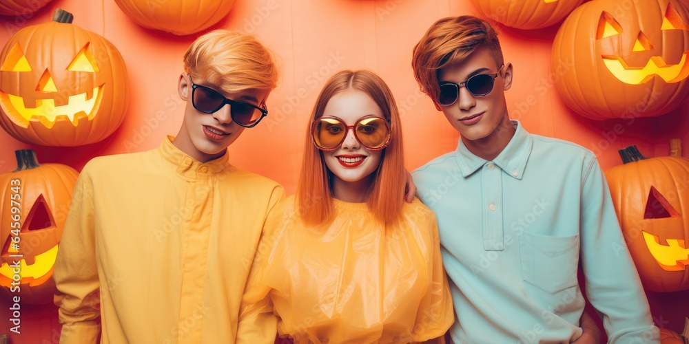 Happy halloween. Man Adult teenagers in costumes and makeup holiday happy halloween Happy halloween. Man Adult teenagers in costumes and makeup holiday happy halloween