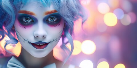 Happy halloween. Girl Adult teenagers in costumes and makeup holiday happy halloween