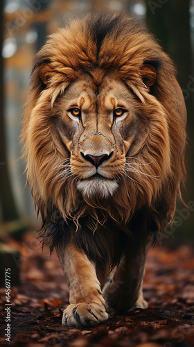 A Big Fierce Male Majestic Lion Face Walking in Forest and Looking At Camera Selective Focus