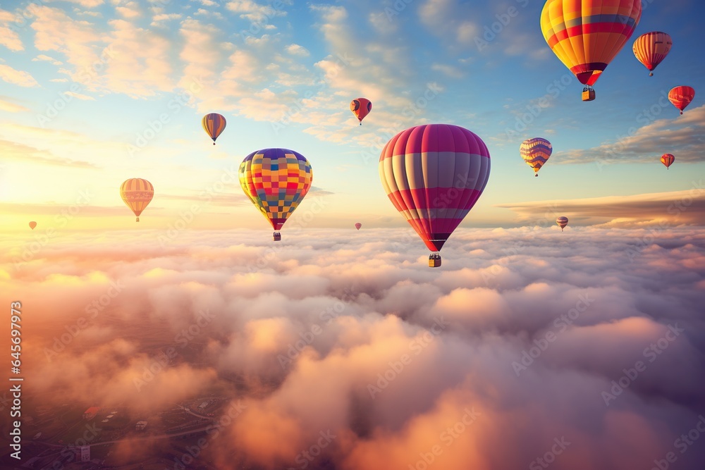 Fototapeta premium Colorful hot air balloons flying on sky, hot air balloons, Generative Ai illustration