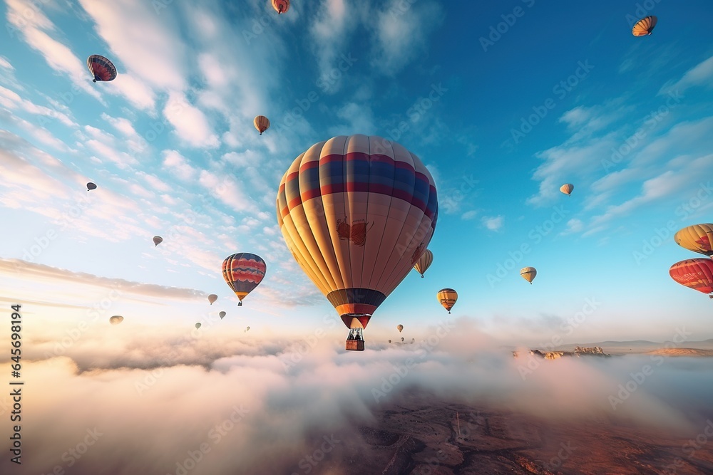 Naklejka premium Colorful hot air balloons flying on sky, hot air balloons, Generative Ai illustration