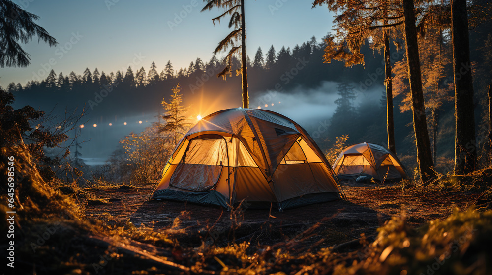 Two Camping Tents in The Foggy Mountain Forest at Sunrise in Winter Season