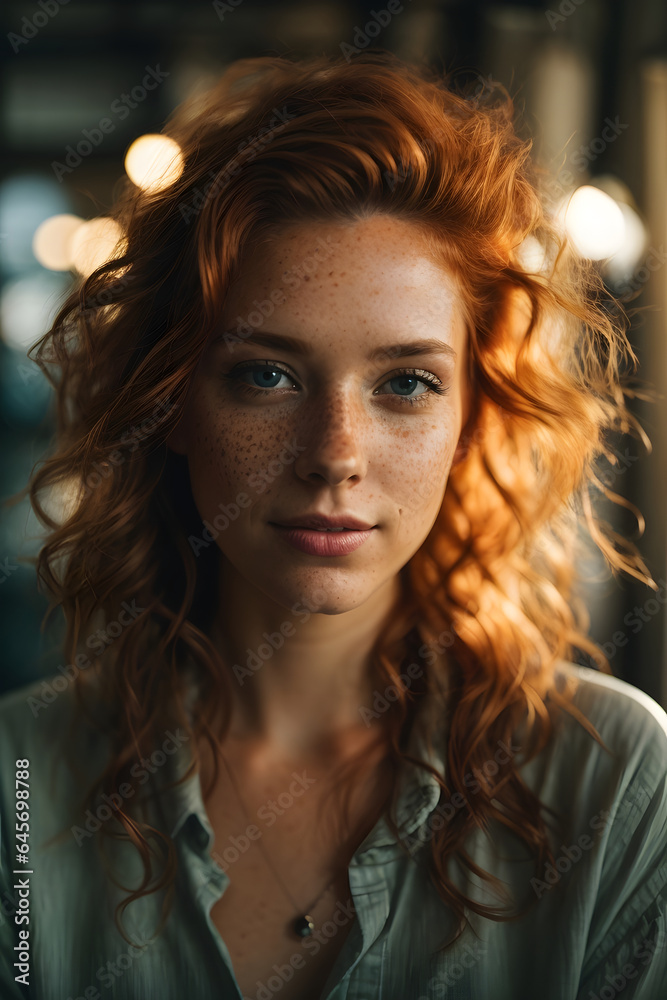 beautiful woman with freckles taking a selfie looking at the camera . Image created using artificial intelligence.