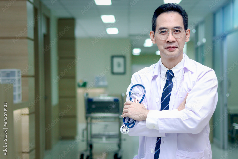 Portrait of confident smiling senior Asian male doctor in white workwear holding stethoscope and looking at camera, standing with arms crossed in corridor of medical clinic, happy doctor at hospital.