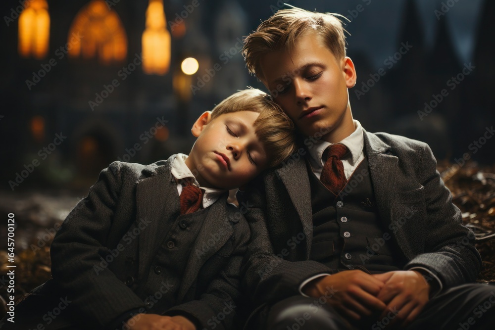 sleeping two schoolboy boys on a bench sleeping two schoolboy boys on a bench
