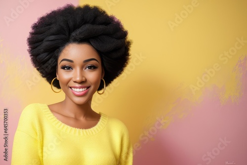 Happy emotions concept. Positive dark skinned beautiful young women laughs poisitively with carefree face expression wears casual yellow sweater isolated over blue studio background. Generative AI