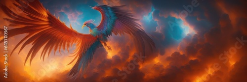 Fairy birds with fire-red feathers and wide wings, gracefully outstretched with intricate patterns against backdrop of mystical dreamlike dramatic sunset.Vibrant plumage, fantasy, magic. Generative AI © useful pictures