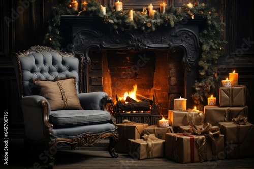 decorated christmas interior with fireplace