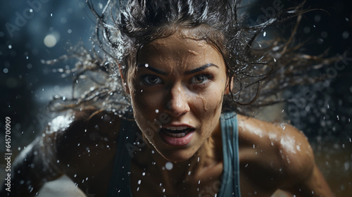 A woman professional athlete in action under the rain © vladzelinski