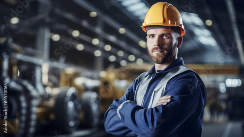 Portrait photo of industrial factory technician worker wearing hardhat safety equipment with blur heavy industry plant in background. Generative AI