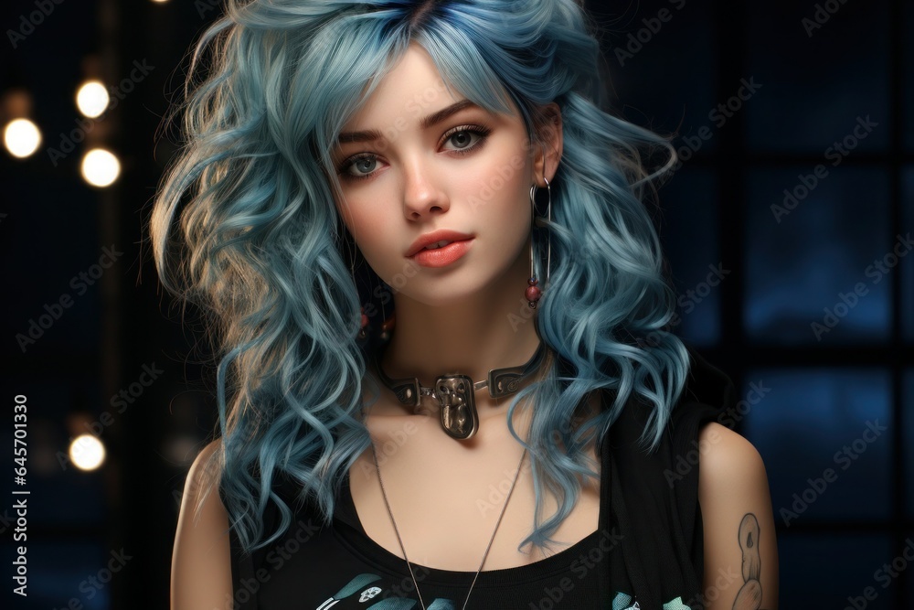 Fototapeta premium Beauty Fashion women with dyed blue hair