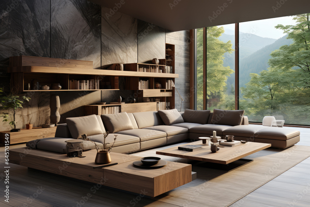 modern living room with wooden sound insulation wall modern living room with wooden sound insulation wall