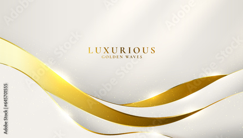 Golden banner. Luxury background. Gold and white award, premium modern waves, shine metallic texture. Motion fluid with gilt tapes. Copy space for text. Vector abstract illustration