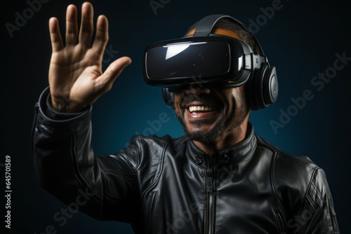 man looking at glasses of virtual reality. Future technology concept